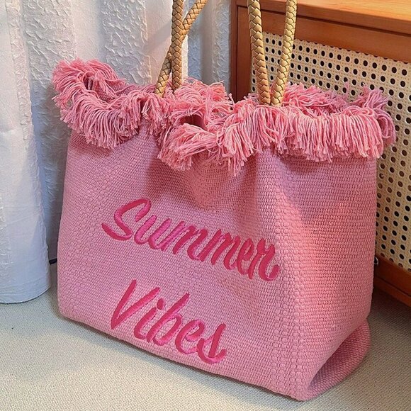 Pink Vacation Women's Large Capacity Letter & Tassel Canvas Tote Bag - Picture 2 of 6